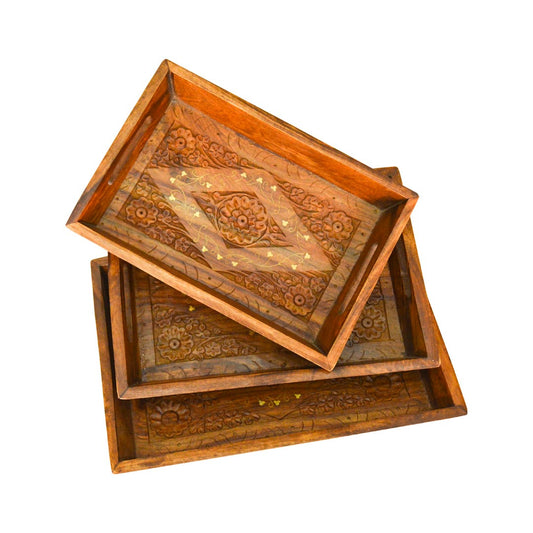 Pure Wood Hand Carving Serving Tray Set of 3