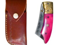 Damascus Steel folding Knife, Pink Handle with golden grip