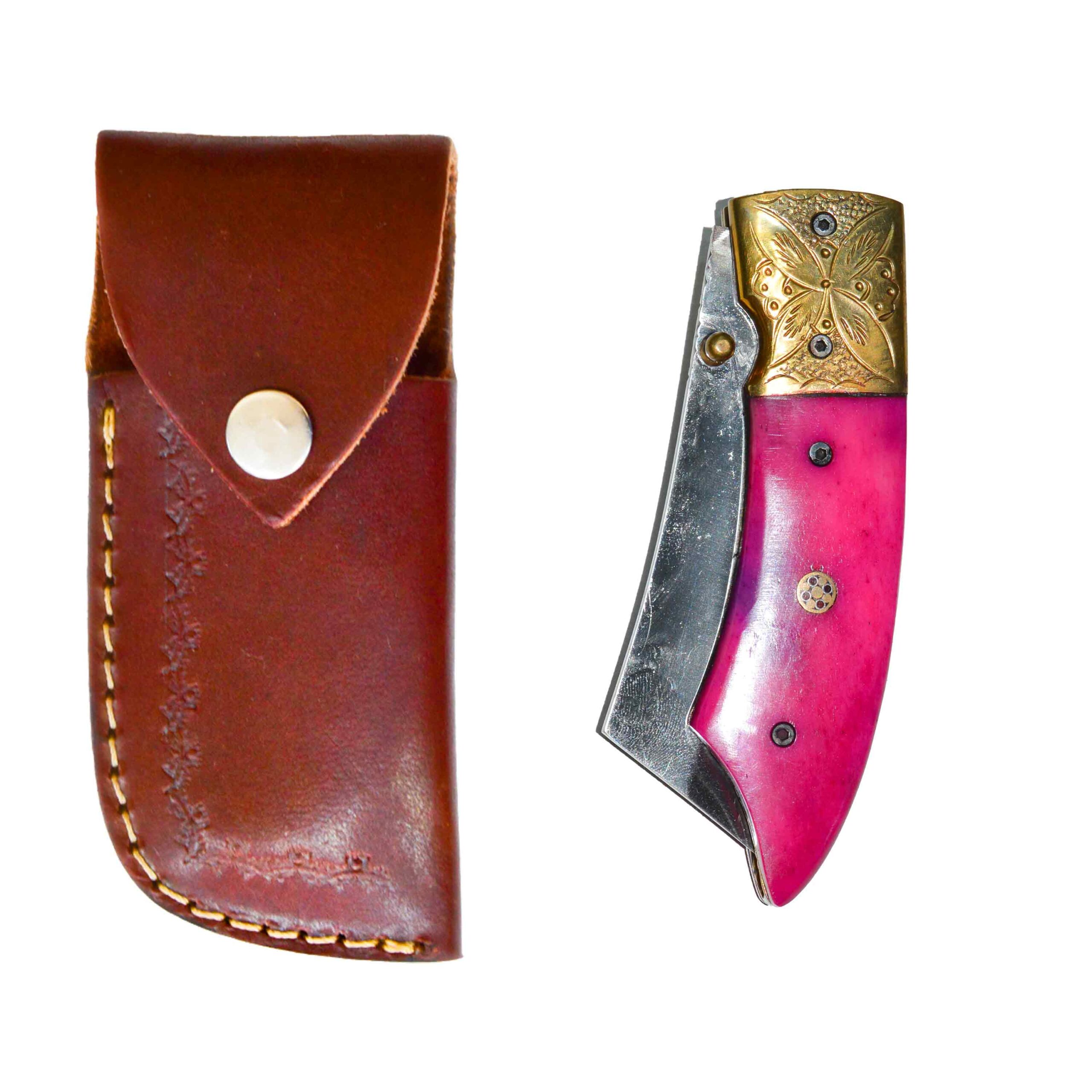 Damascus Steel folding Knife, Pink Handle with golden grip