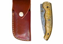 Folding knife golden handle, Damascus steel