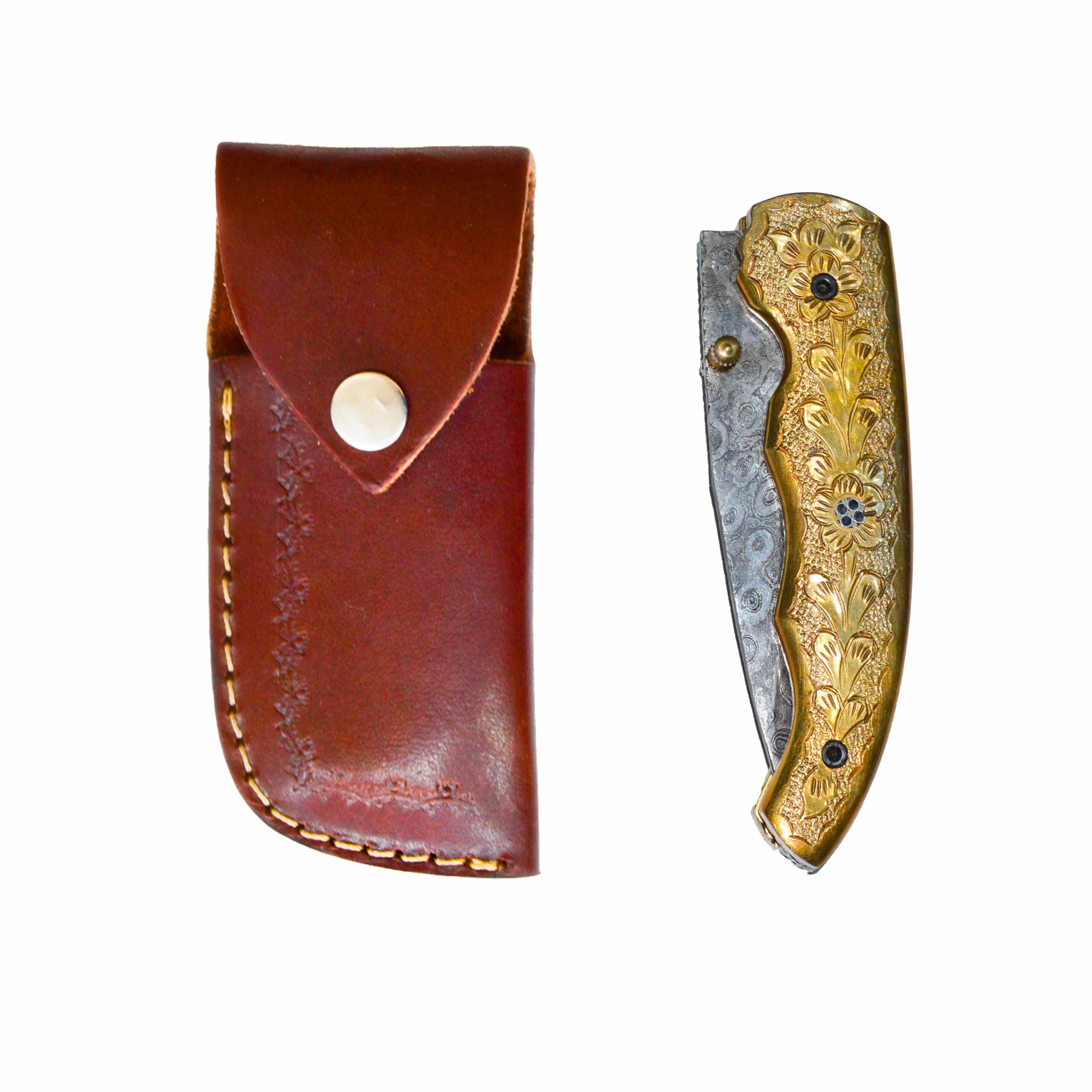 Folding knife golden handle, Damascus steel