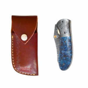 Damascus steel folding knife, blue decore handle measurement